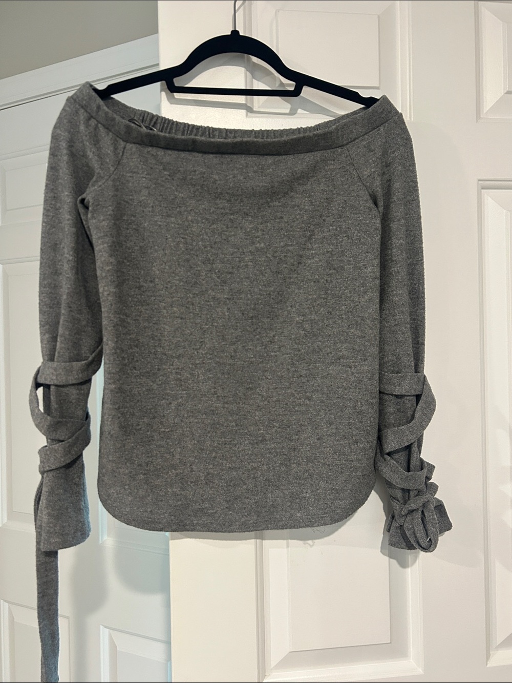 1. State Off-the-Shoulder Gray Knit Sweater with Tie Sleeve Detail